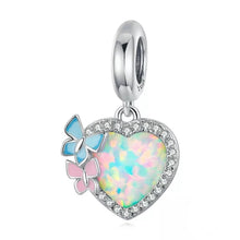 Load image into Gallery viewer, 925 Sterling Silver Heart Opal Stone Butterfly Dangle Charm
