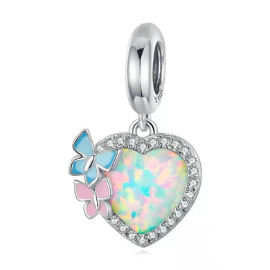 925 Sterling Silver Heart Opal Stone Butterfly Dangle Charm