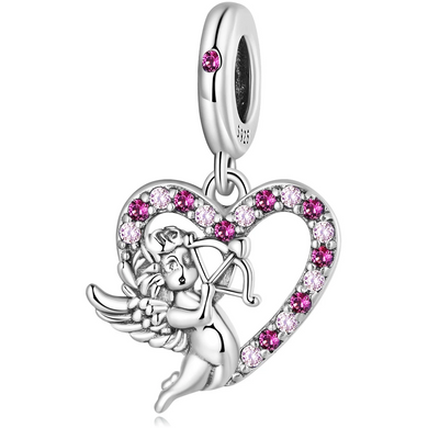 925 Sterling Silver Cupid In Cz Heart Dangle Charm