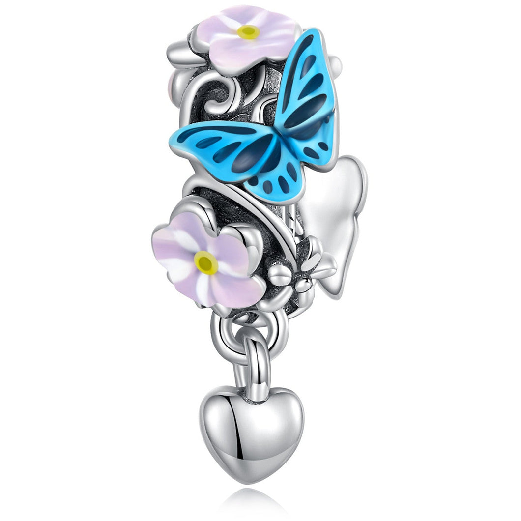 925 Sterling Silver Butterfly Garden And Heart Spacer