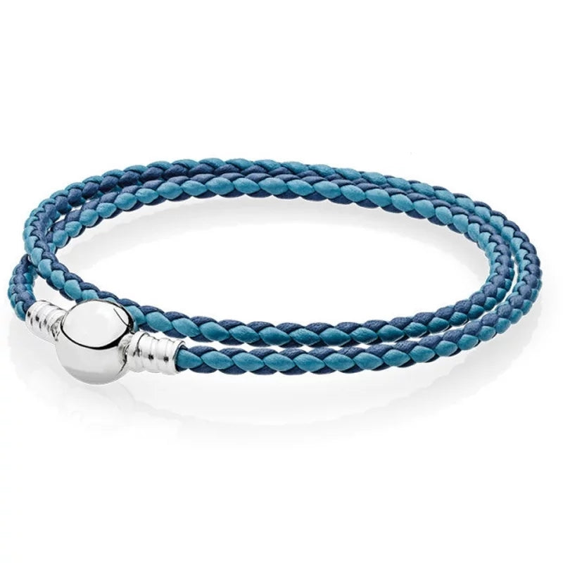 925 Sterling Silver Round Clasp Blue Double Leather Bracelet