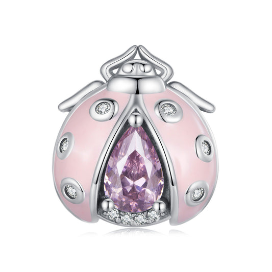 Pink Enamel CZ Ladybug Bead Charm