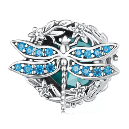 Murano Glass Blue CZ Dragonfly Bead Charm