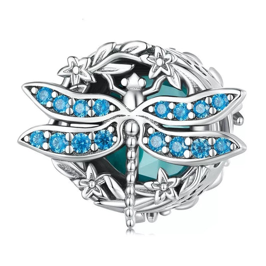 Murano Glass Blue CZ Dragonfly Bead Charm
