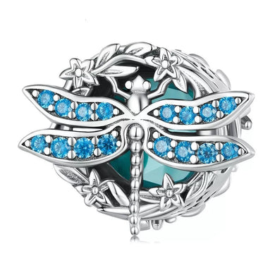 925 Sterling Silver Murano Glass Blue CZ Dragonfly Bead Charm