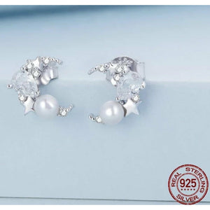 925 Sterling Silver CZ Moon & Star Drop Stud Earrings