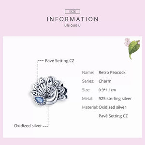 925 Sterling Silver Peacock Bead Charm