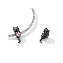 Load image into Gallery viewer, 925 Sterling Silver Black Enamel Hanging Cat with Pink Heart