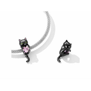 925 Sterling Silver Black Enamel Hanging Cat with Pink Heart
