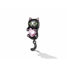 Load image into Gallery viewer, 925 Sterling Silver Black Enamel Hanging Cat with Pink Heart