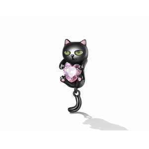 925 Sterling Silver Black Enamel Hanging Cat with Pink Heart