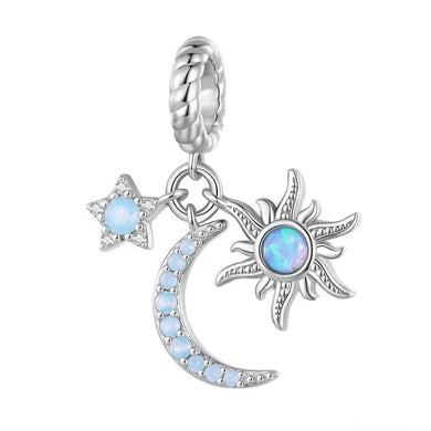 925 Sterling Silver Opal Moon And Sun Dangle Charm