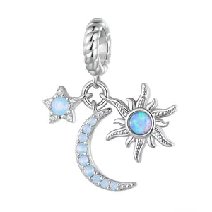 925 Sterling Silver Opal Moon And Sun Dangle Charm