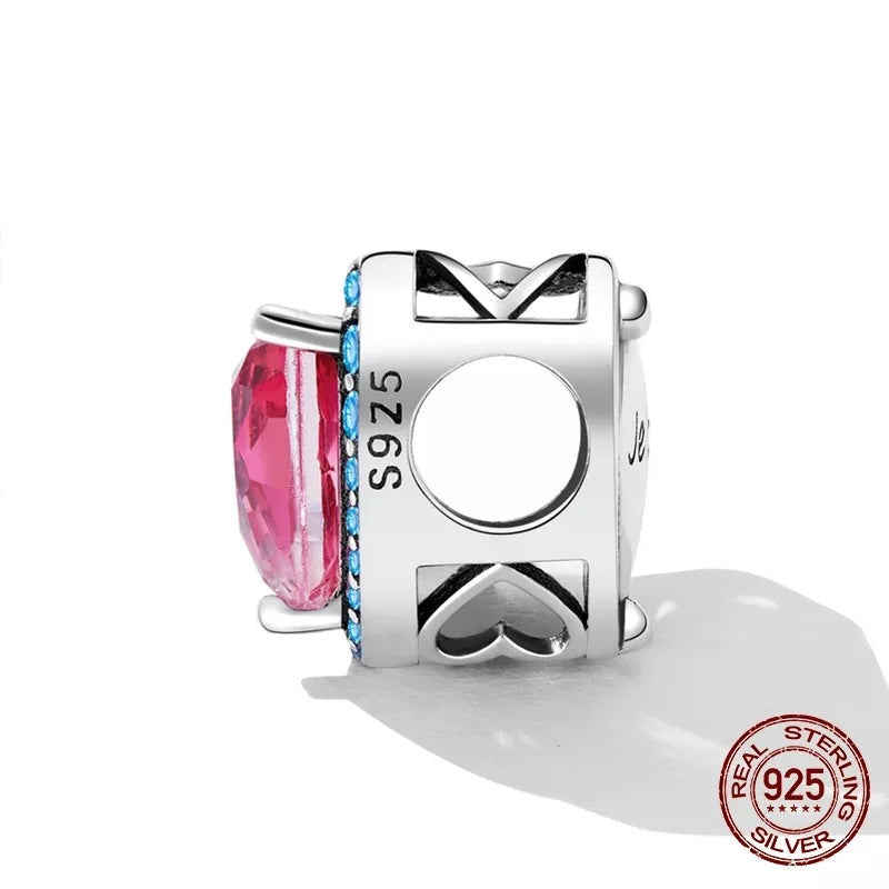 Pink and Blue CZ Je T'aime Heart Bead Charm