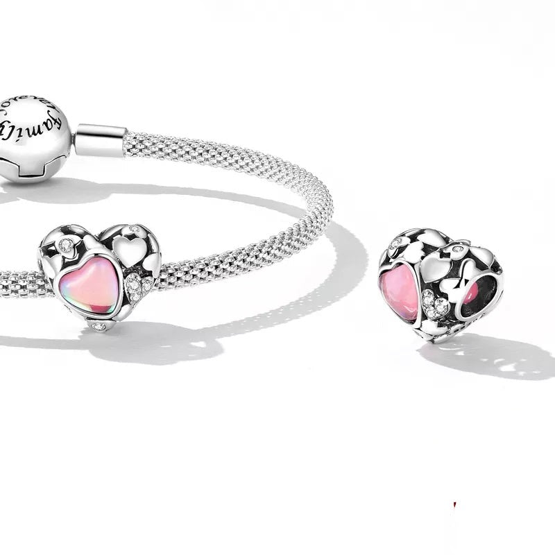 Clear CZ Pink Opal Hollow Heart Bead Charm