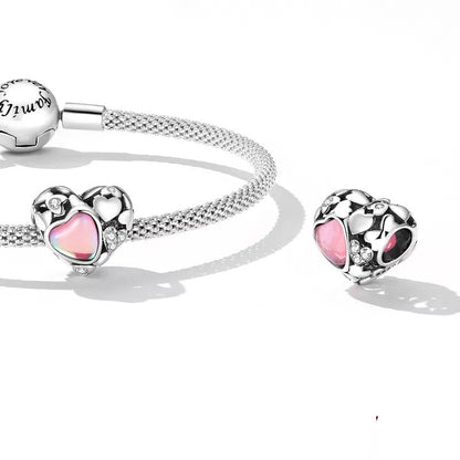 Clear CZ Pink Opal Hollow Heart Bead Charm