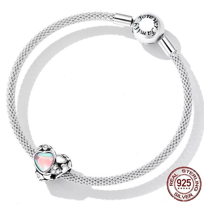 Clear CZ Pink Opal Hollow Heart Bead Charm
