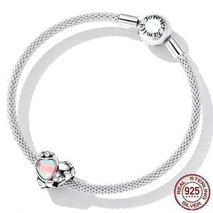 925 Sterling Silver Clear CZ Pink Opal Hollow Heart Bead Charm