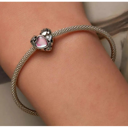 Clear CZ Pink Opal Hollow Heart Bead Charm