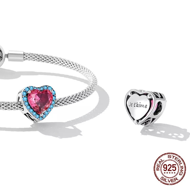 Pink and Blue CZ Je T'aime Heart Bead Charm