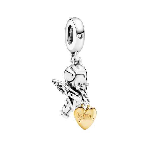 925 Sterling Silver Cupid Gold Plated You Heart Dangle Charm