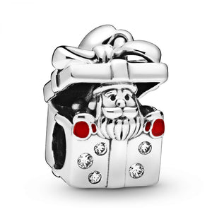 925 Sterling Silver Santa in a Gift Box Christmas Bead Charm