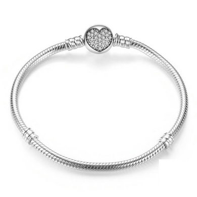 925 Sterling Silver CZ Heart Round Clasp Snake Bracelet