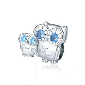 925 Sterling Silver Blue CZ Mother and Baby Owl Bead Charm