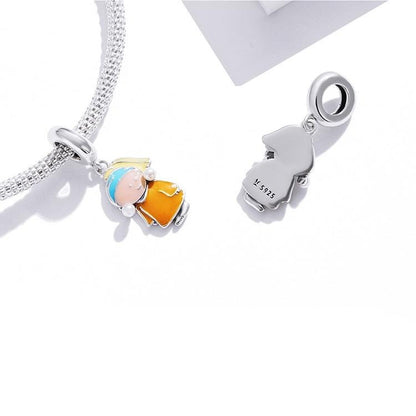 Enamel Cute Girl with Pearls Dangle Charm