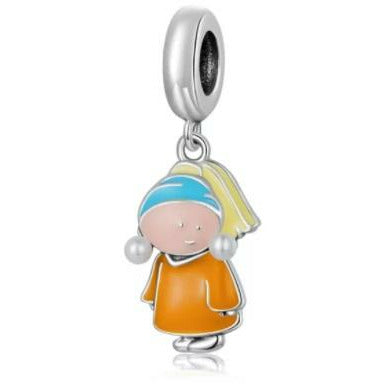 Enamel Cute Girl with Pearls Dangle Charm