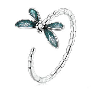 925 Sterling Silver Green Dragonfly Adjustable Ring