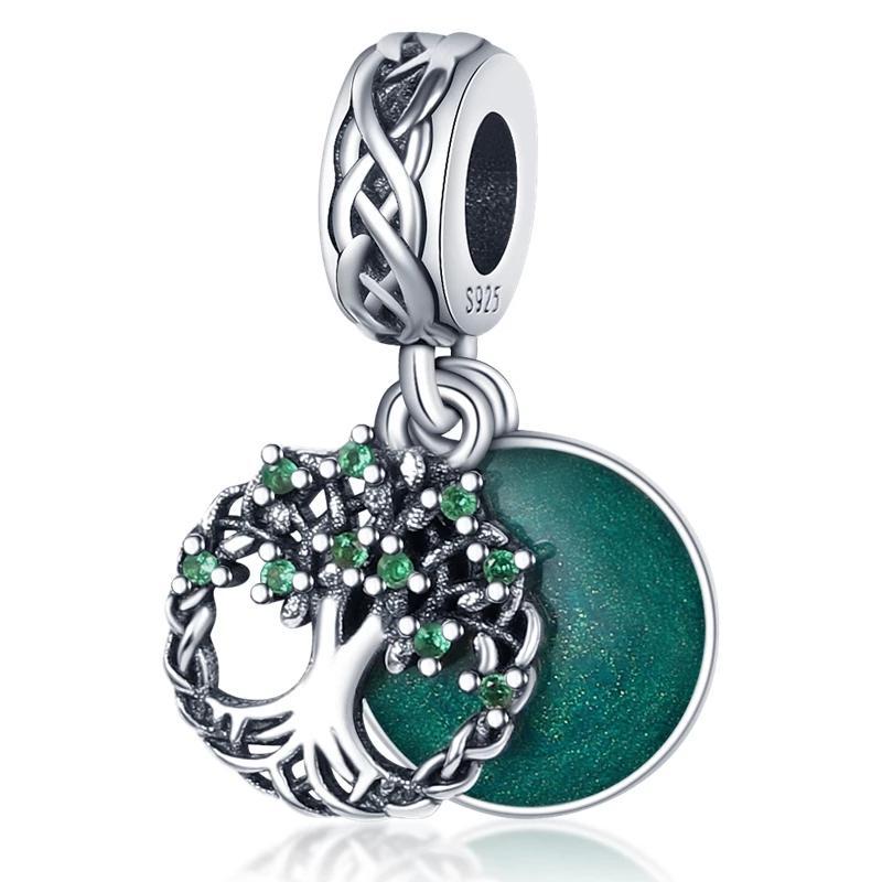 925 Sterling Silver Green CZ and Enamel Disc Family Tree of Life Dangle Charm