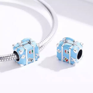 925 Sterling Silver Blue Enamel Travel Suitcase Bead Charm