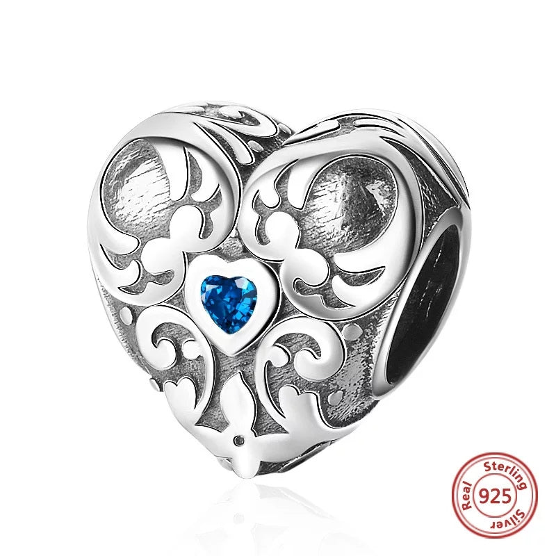 925 Sterling Silver Vintage Heart Blue CZ Bead Charm