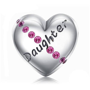 925 Sterling Silver Pink CZ Daughter Engraved Heart Bead Charm