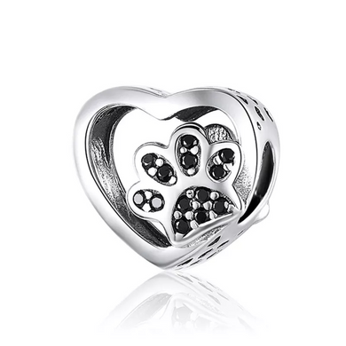 925 Sterling Silver Black CZ Paw Print in my Heart Bead Charm