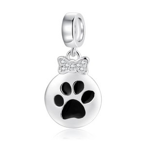 925 Sterling Silver Black Paw and CZ Bow Dangle Charm