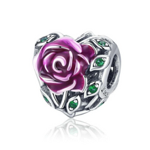 Load image into Gallery viewer, 925 Sterling Silver Romantic Rose Love Flower in Heart Pink Enamel Bead Charm