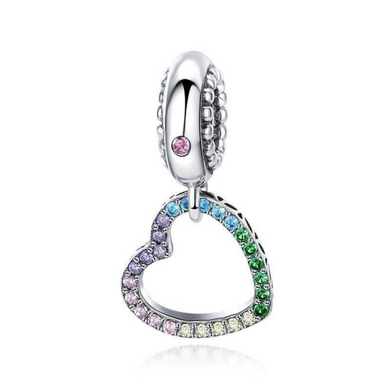 925 Sterling Silver Rainbow Colourful CZ Heart Shaped Dangle Charm