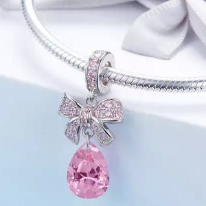 925 Sterling Silver Pink Bow and Crystal Charm