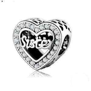 925 Sterling Silver CZ Sister Heart Bead Charm
