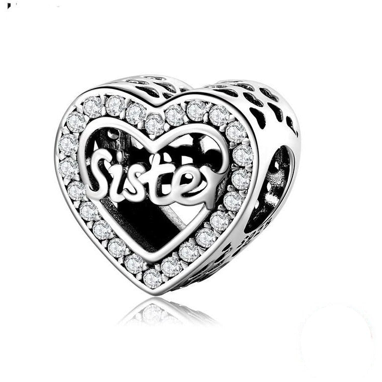 925 Sterling Silver CZ Sister Heart Bead Charm