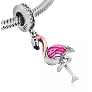925 Sterling Silver Flamingo Red and Pink Enamel Dangle Charm