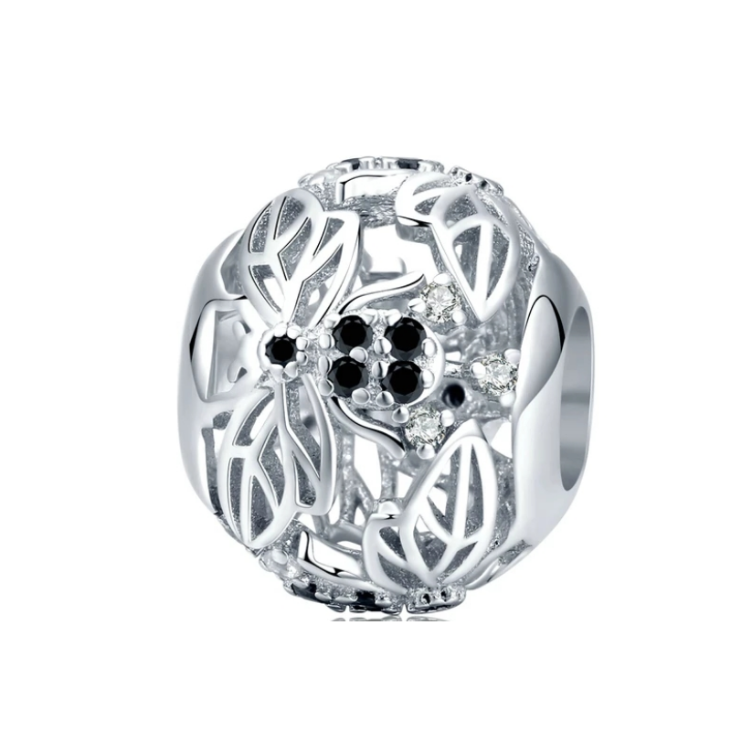 925 Sterling Silver Openwork Black and Silver Bee Ball Bead Charm