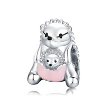 Load image into Gallery viewer, 925 Sterling Silver Mother and Baby Hedgehog Pink Enamel Bead Charm