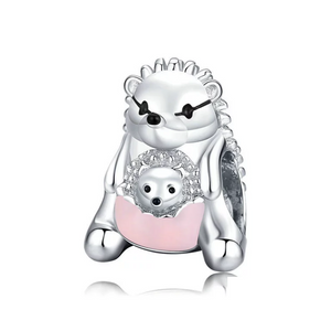 925 Sterling Silver Mother and Baby Hedgehog Pink Enamel Bead Charm