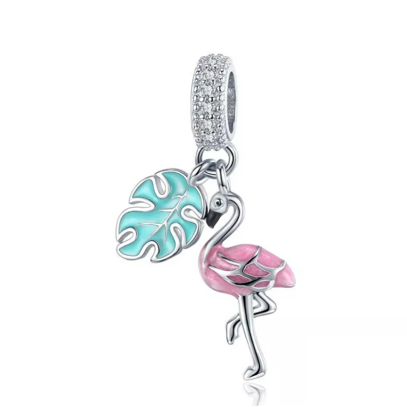 925 Sterling Silver Flamingo and Leaf Dangle Charm