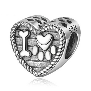 925 Sterling Silver I Love My Pet Paw Print Heart Bead Charm