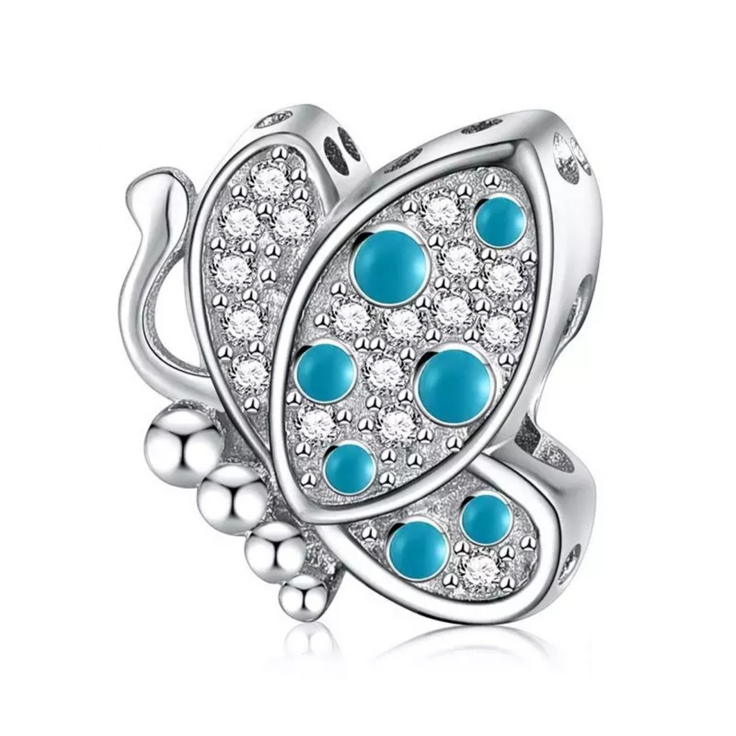 925 Sterling Silver CZ and Blue Butterfly Bead Charm
