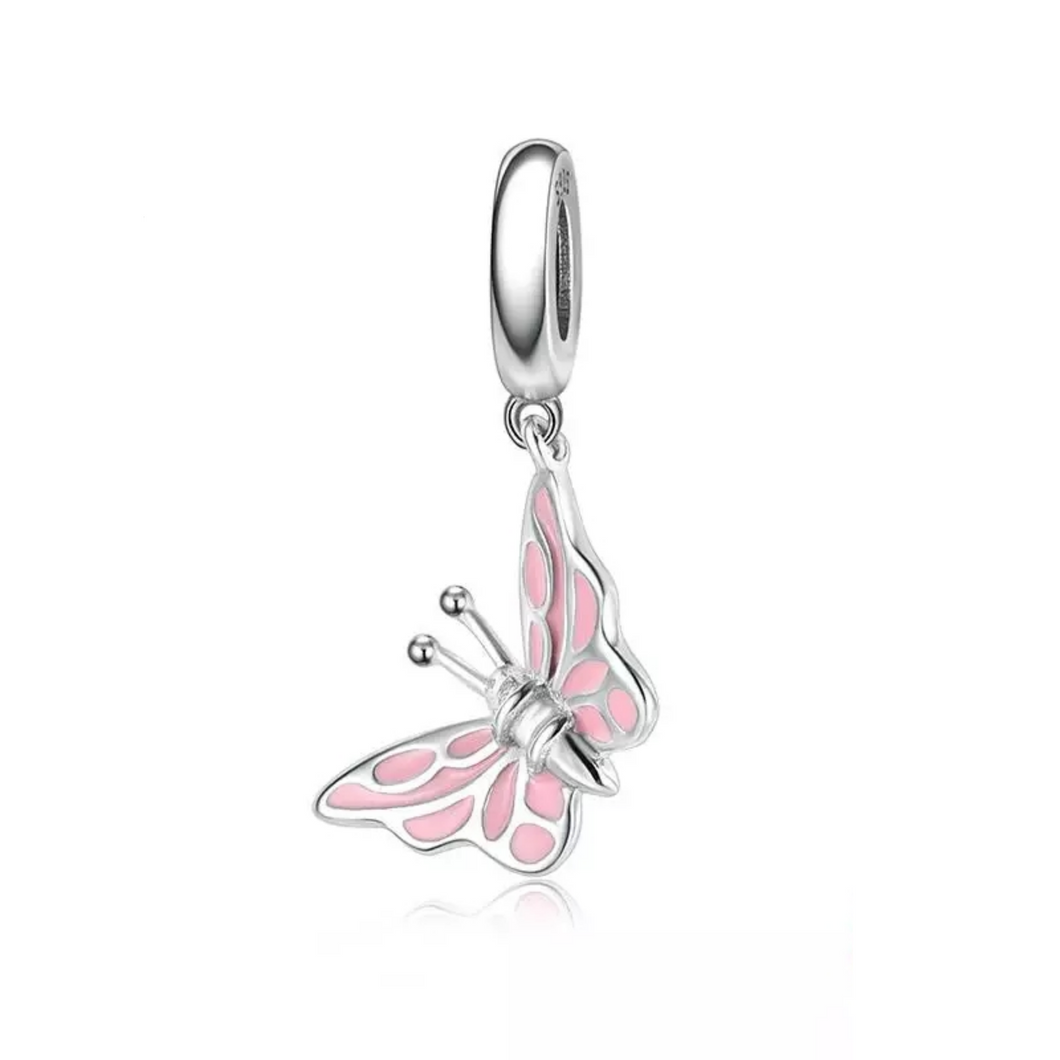 925 Sterling Silver Pink Enamel Butterfly Dangle Charm